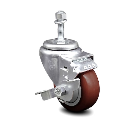 Service Caster 3.5 Inch Maroon Polyurethane Swivel 10mm Threaded Stem Caster with Brake SCC SCC-TS20S3514-PPUB-MRN-TLB-M1015